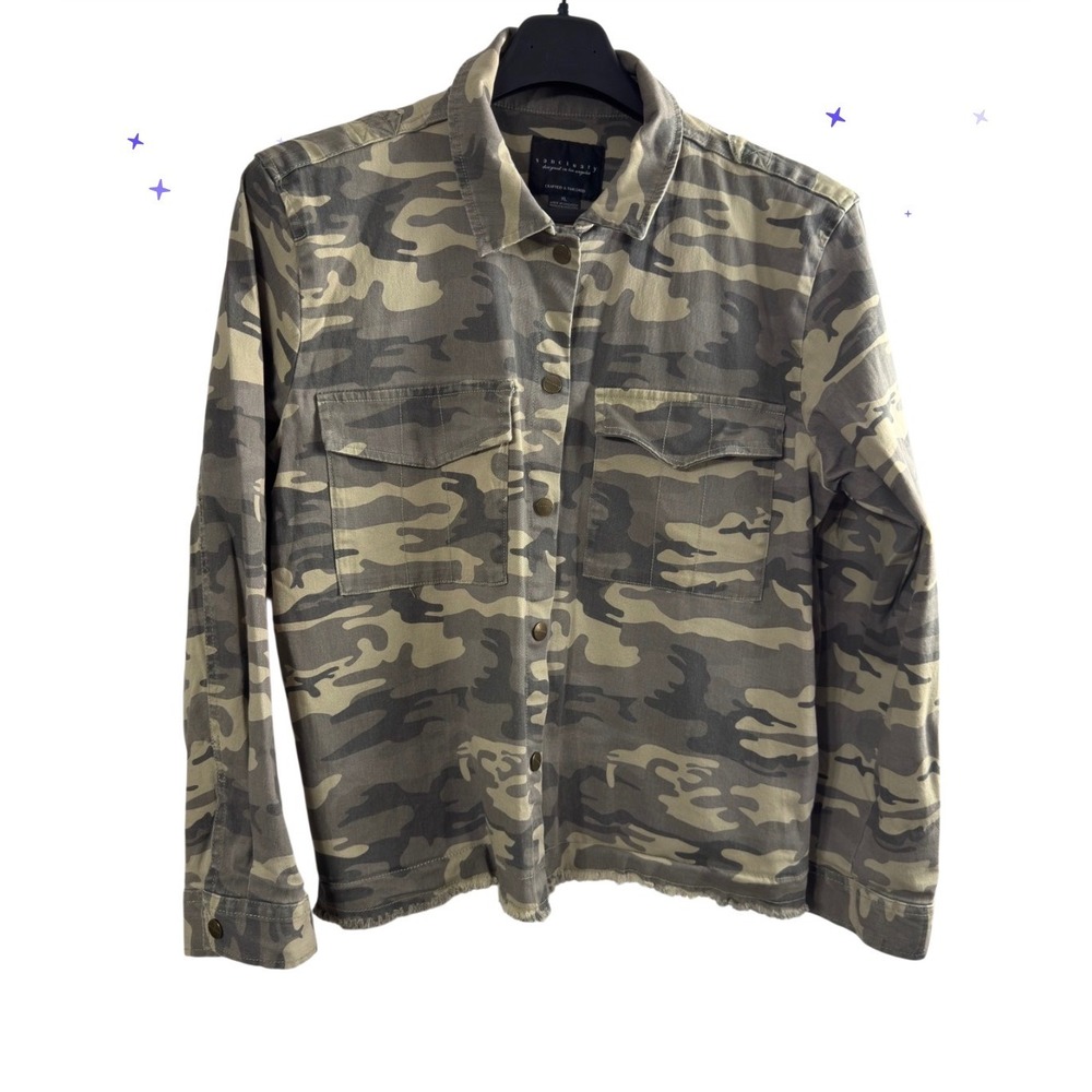 Sanctuary Womens Camo Utility Jacket Green Camouflage Frayed Hem XL